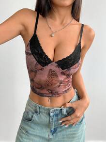 SHEIN Unity 女士性感蝴蝶网眼和蕾丝边吊带背心图案 T 恤女士上衣 - 彩色 - 查看 4