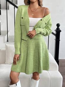 SHEIN Clasi 2pcs Women Solid Color Front Button Pocket Blouse And Skirt Sweater Set
