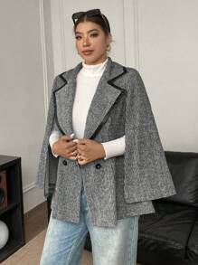 Calvaya Plus Size Two-Row Button Contrast Trim Batwing Sleeve Elegant Coat - Multicolor - View 6