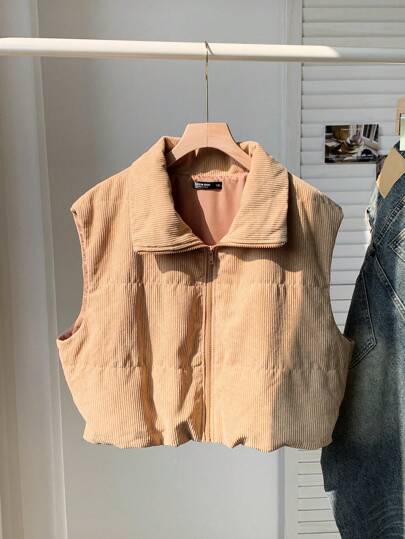 Comfortcana Chaleco de pana con cremallera informal en talla grande para mujer, ideal para el invierno