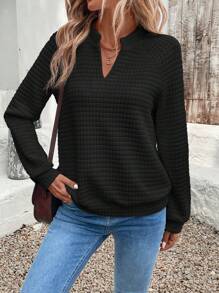 EMERY ROSE Solid V-Neck Casual Pullover Sweatshirt In Fall/Winter - Black - View 1