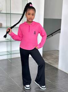 SHEIN 2 pièces Ensemble sweat-shirt zippé à mi-hauteur avec lettres graphiques et pantalon évasé pour préadolescentes, Automne/Hiver - Rose vif - Voir 1