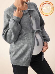 SHEIN Pregnant Women Loose Fit Solid Color Round Neck Drop Shoulder Long Sleeve Front Tie Cardigan Sweater, Autumn/Winter, For Maternity - Grey - View 5