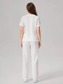 SHEIN TaskFit 女士纯色圆领拉链式磨砂上衣和裤子制服套装 - 白色 - 查看 8