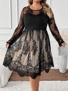 SHEIN CURVE+ Vestido de encaje negro de talla grande para mujer de línea A elegante para otoño e invierno - Multicolor - Ver 6