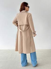 SHEIN PETITE 优雅腰部收紧 A 字形长袖风衣，秋冬 - 卡其色 - 查看 2