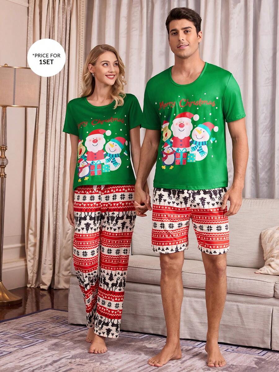 Cartoon Santa Claus Christmas Print Short Sleeve & Shorts Men Pajama Set