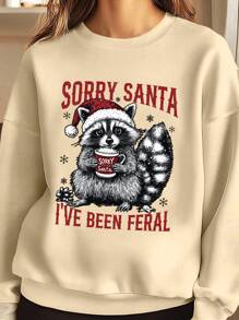 SHEIN EZwear Áo nỉ cổ tròn in hình ông già Noel và gấu trúc làm quà tặng Giáng sinh cho nữ, Thu/Đông - Màu Khaki - Xem 1