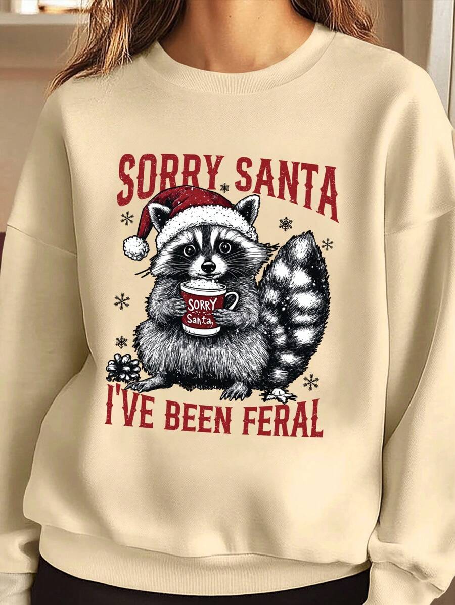 SHEIN EZwear Áo nỉ cổ tròn in hình ông già Noel và gấu trúc làm quà tặng Giáng sinh cho nữ, Thu/Đông - Màu Khaki - Xem 1