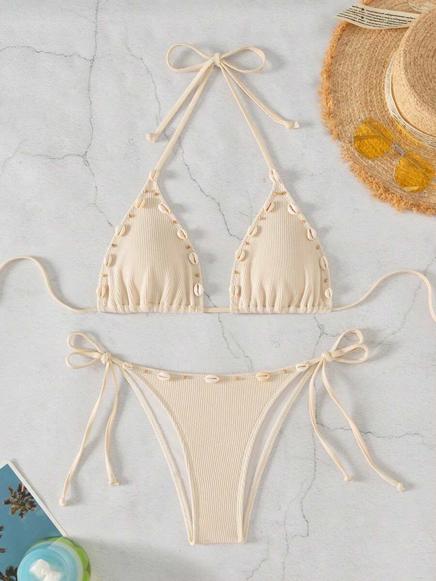 SHEIN Swim Women's Solid Color Lace Trim Seashell Tied Halter Bikini Set Summer