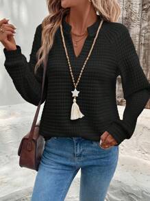 EMERY ROSE Solid V-Neck Casual Pullover Sweatshirt In Fall/Winter - Black - View 3