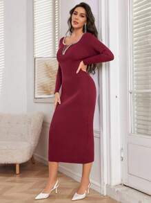 Modelyn Women Elegant Rhinestone Embellished Bodycon Knit Sweater Dress, Autumn/Winter - Burgundy - View 3