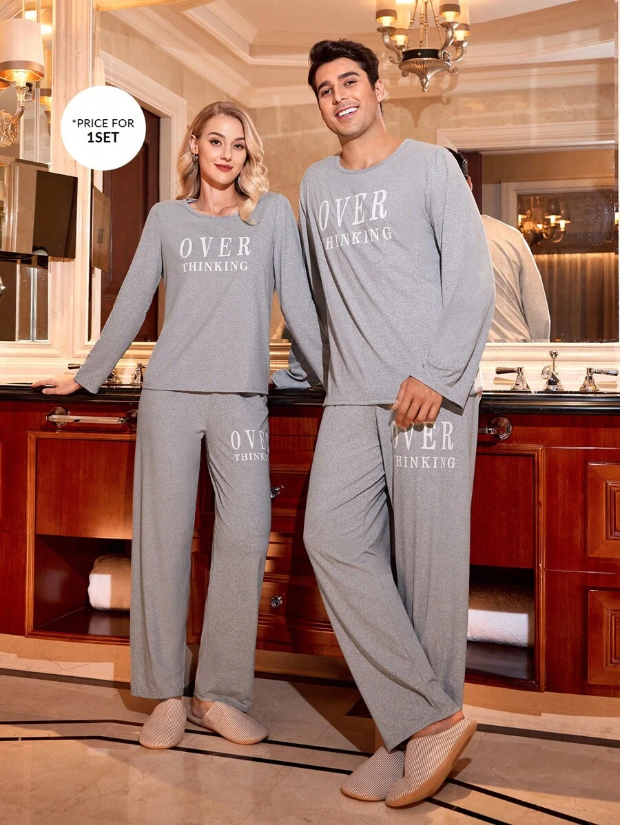 Manfinity Conjunto de ropa de descanso casual con estampado de letras para hombre - Gris - Ver 1