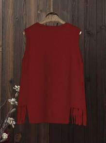 SHEIN LUNE Chaleco de punto de dama con escote en V y bajo con flecos, en colores amarillo/jengibre, de nueva temporada otoño/invierno 2024, casual y de moda para ropa de Año Nuevo