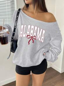 SHEIN EZwear 女士斜肩长袖字母印花简约休闲运动衫 - 灰色 - 查看 3