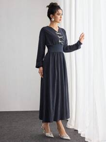 Modelyn Textured Bowknot Waist Women Sweatshirt Pullover Fall Outfit - Blue - View 5