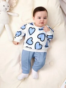 SHEIN Newborn Baby Girls Heart Print Sweatshirt With Elastic Waist Solid Color Pants Set, Autumn/Winter - Blue and White - View 5