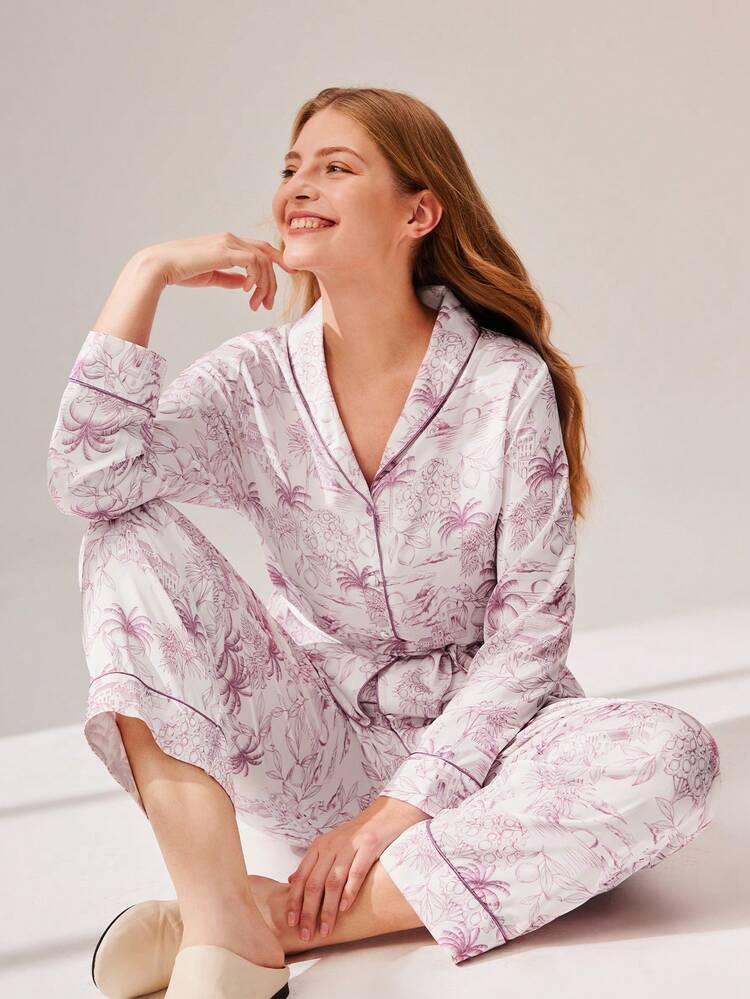 Women Printed Satin Button-Up, Tie-Waist Long PJ Set