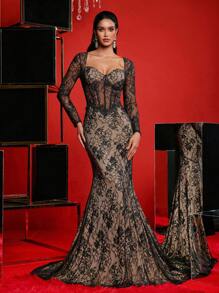 Glamrae Vestido largo formal elegante de unicolor con mangas largas, cuello en V y bordado con lentejuelas en negro y dorado champán. Incluye un adorno en la cintura, una silueta de cola de pez y un bajo semitransparente. Ideal para eventos formales como baile de graduación, cena, fiesta o boda.