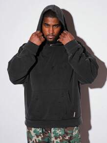 Manfinity NXTstreet Plus Size Men's Speckle Knit Distressed Loose Drop Shoulder Long Sleeve Hoodie Sweatshirt