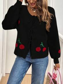 SHEIN Frenchy Áo khoác cardigan dài tay thắt nơ phía trước họa tiết quả anh đào cho nữ, Thu/Đông - màu đen - Xem 3