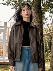 DAZY Women's Solid Color Dropped Shoulder Long Sleeve PU Leather Loose Casual Jacket, Autumn,Fall Women Clothes