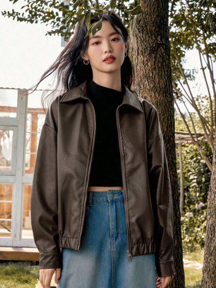 Women's Solid Color Dropped Shoulder Long Sleeve PU Leather Loose Casual Jacket, Autumn,Fall Women Clothes