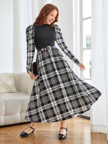 SHEIN 少女黑白立领 A 字型中长连衣裙，带几何图案和羊腿袖，适合户外和派对穿着 - 黑色 - 查看 1