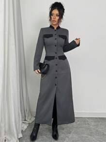 Elenzga 1pc Women Regular Collar Color Block Casual Jacket, Gray - Grey - View 3