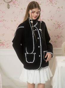 Teen Girls Casual Fall And Winter New Arrival, Contrast Binding Dual Pockets And Scarf Coat