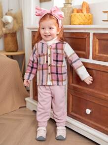 SHEIN Baby Girl Plaid 2pcs Outfit, Casual Wear Or Layering Piece, Suitable For Autumn/Winter , Fall Clothes - Pink - View 1