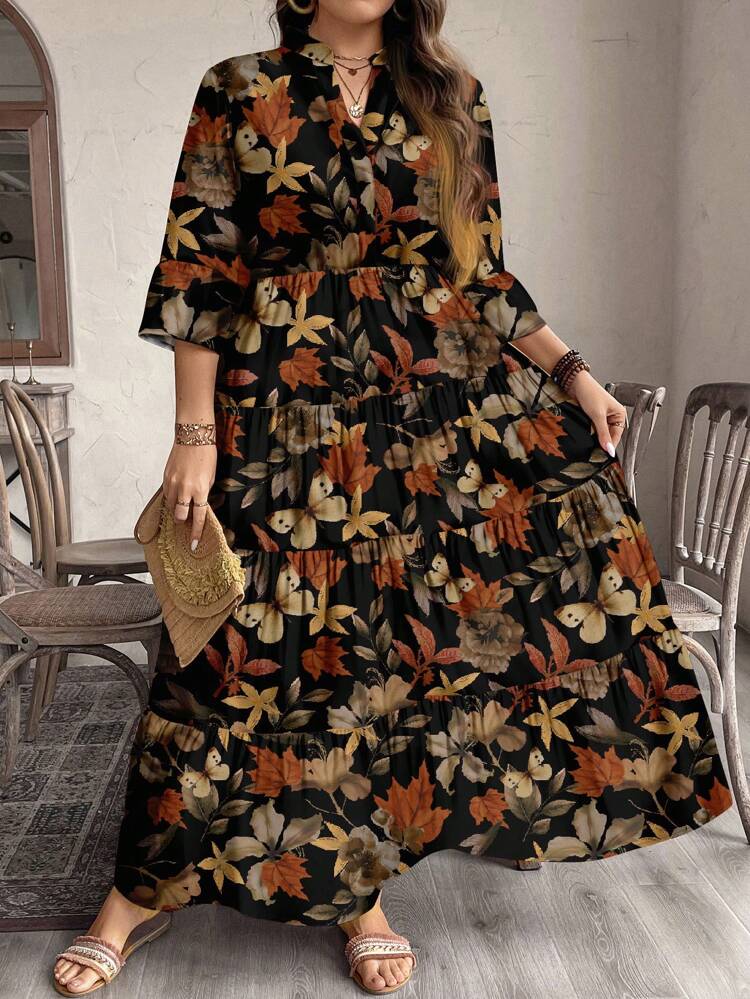 Plus Size Casual Elegant Dried Leaf & Butterfly Print Shift Dress,Beach Dress Sundress,Holiday Outfits Boho Autumn Boho Chic Dress,Flower/Spring/Summer/Vacation