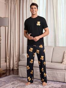 Snug Zone 熊印花圆领短袖长裤休闲男士睡衣套装 - 黑色 - 查看 2