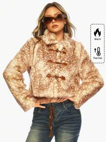 ROMWE J-Fashion Y2K Vintage Harajuku Deer Faux Fur Coat With Horn Buttons, Regular Fit Women Outerwear, Suitable For Winter - Brown - View 1