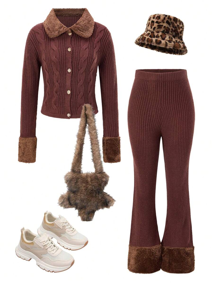 SHEIN Teen Girls Fashion Patched Fluffy Cable Knit Cropped Cardigan & Flared Pants 2 Pieces Set, Autumn/Winter - Brown - View 1