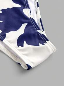 SHEIN Swim Curve Bộ đồ bơi liền thân nhún bèo cỡ lớn, họa tiết thực vật, kỳ nghỉ hè trên bãi biển - Màu xanh hải quân - Xem 3