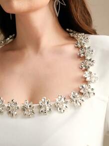 Anewsta Plus Size Women Classic White Long Sleeve Fitted A-Line Short Dress, Elegant Square Neckline With Sparkling Rhinestone Decor - White - View 2