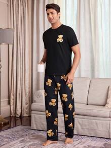 Snug Zone 熊印花圆领短袖长裤休闲男士睡衣套装 - 黑色 - 查看 5