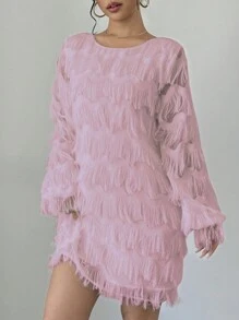 Chiquease 1pc Casual Elegant Long Sleeve Feather Design Shift Dress, Commuter Style, Autumn