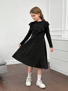 SHEIN Tween Girls Knit Ribbed Stand Collar Ruffle Hem Fitted Casual Long Sleeve Dress - Black - View 6