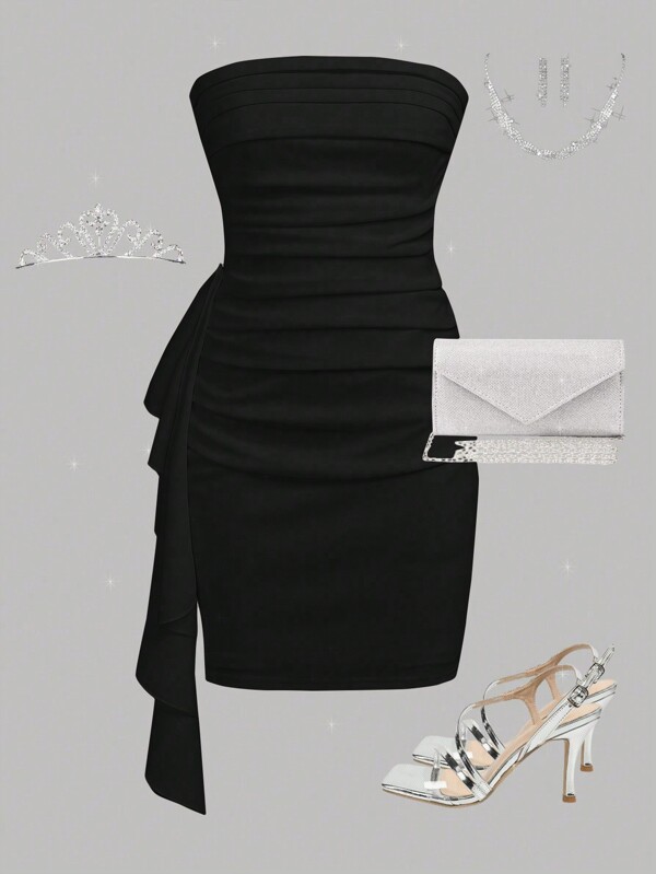 SHEIN Girlism Teen Girl Knitted Solid Color Ruffle Asymmetrical Shirred Elegant Party Tube Dress Graduation Dress