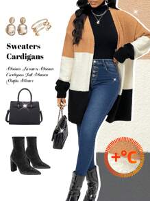 SHEIN Lady Women's Black And Cream Fuzzy Sweater Cardigan,Contrast Color Wide Stripe Long Sleeve Casual Commuting Outfits For Autumn,Winter Occasion Clothes - Multicolor - View 1