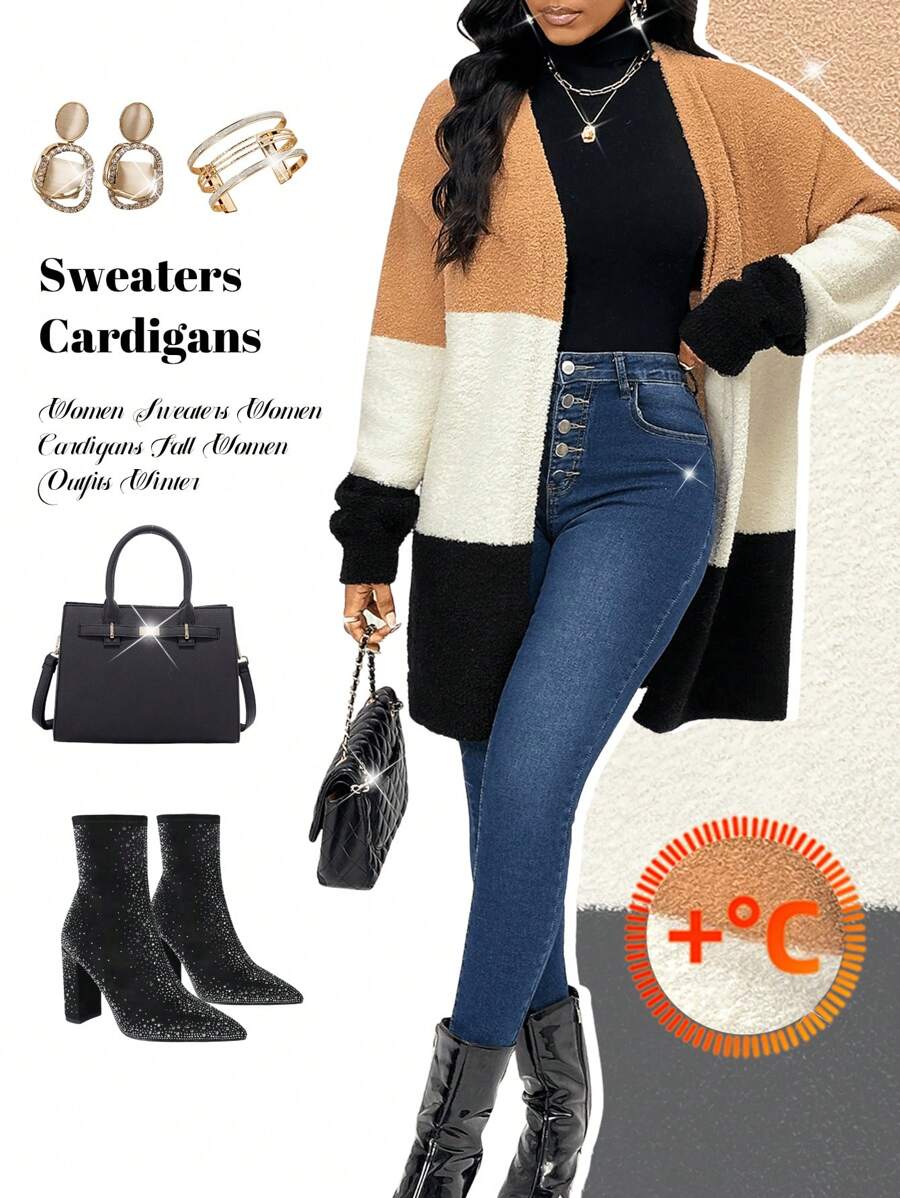 SHEIN Lady Women's Black And Cream Fuzzy Sweater Cardigan,Contrast Color Wide Stripe Long Sleeve Casual Commuting Outfits For Autumn,Winter Occasion Clothes - Multicolor - View 1