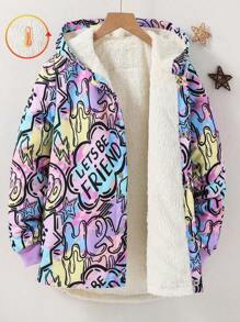 SHEIN Tween Girl Allover Print Front Button Hooded Long Sleeve Jacket - Multicolor - View 1