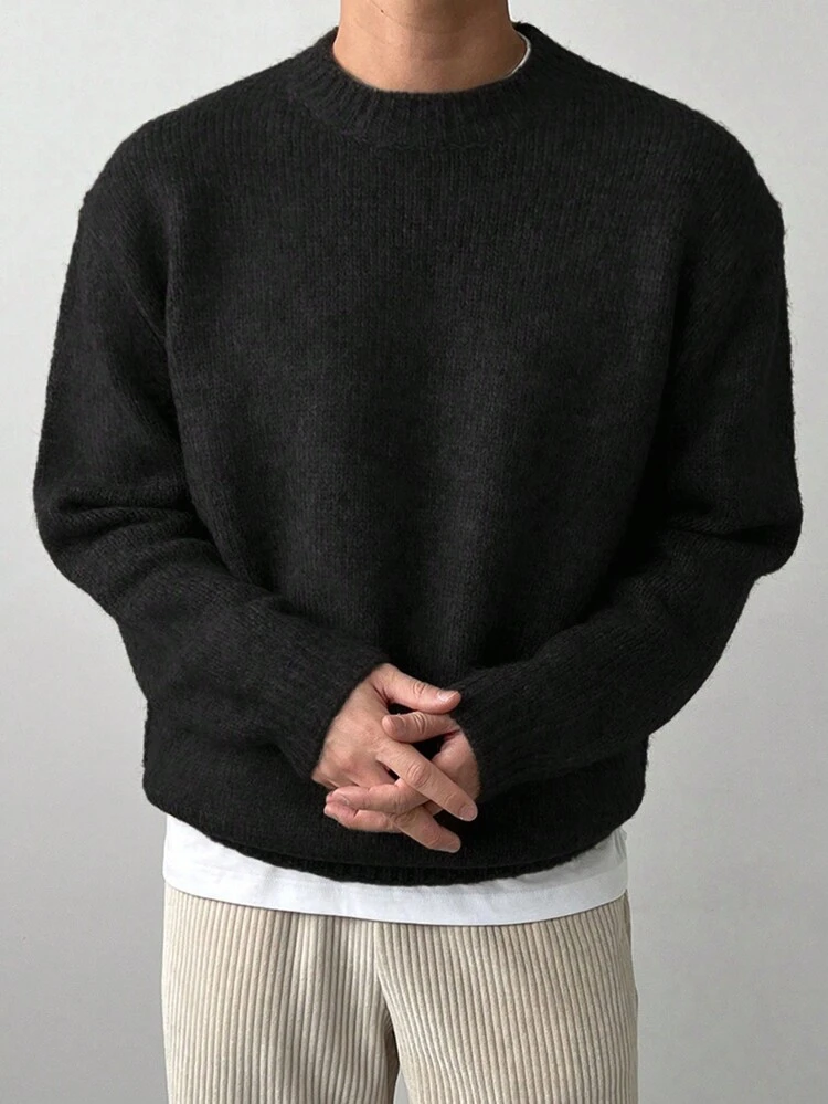 Men's Solid Color Crew Neck Sweater, Casual Daily Wear, Autumn/Winter, Grunge Style