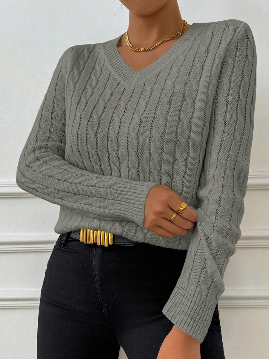 SHEIN LUNE Loose And Cozy V-Neck Long Sleeve Sweater For Women, Casual Style, Autumn/Winter Knit Pullover Fall Outfit