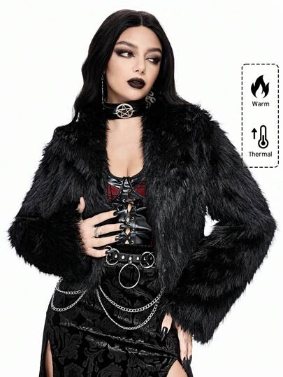 Goth Chaqueta tipo crop de oso de peluche con cuello esponjoso para mujer, ajuste regular, color negro
