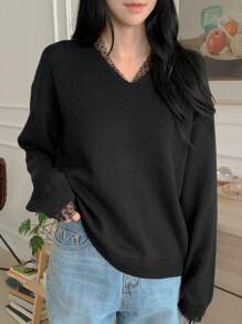 DAZY Solid Color Patchwork Long Sleeve Loose Women Sweater,Fall Clothes - Black - View 4