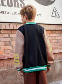 SHEIN 男童（加大码）棒球夹克，美式大学风格休闲日常百搭字母印花连帽外套，适合上学和户外穿着 - 彩色 - 查看 2