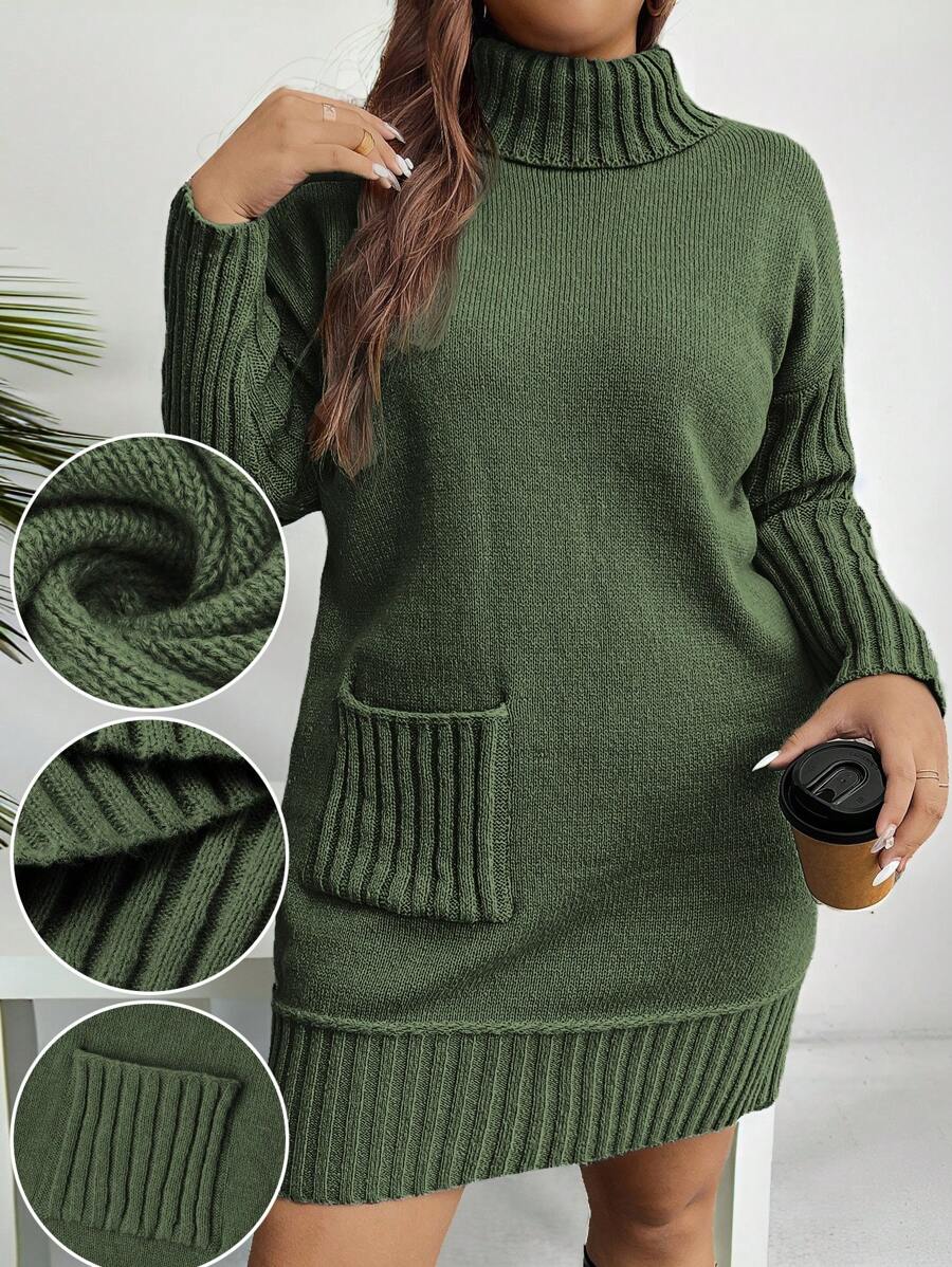 SHEIN LUNE Váy len cổ cao màu trơn cỡ lớn, trang phục thường ngày cho mùa thu/đông - màu xanh lá - Xem 1